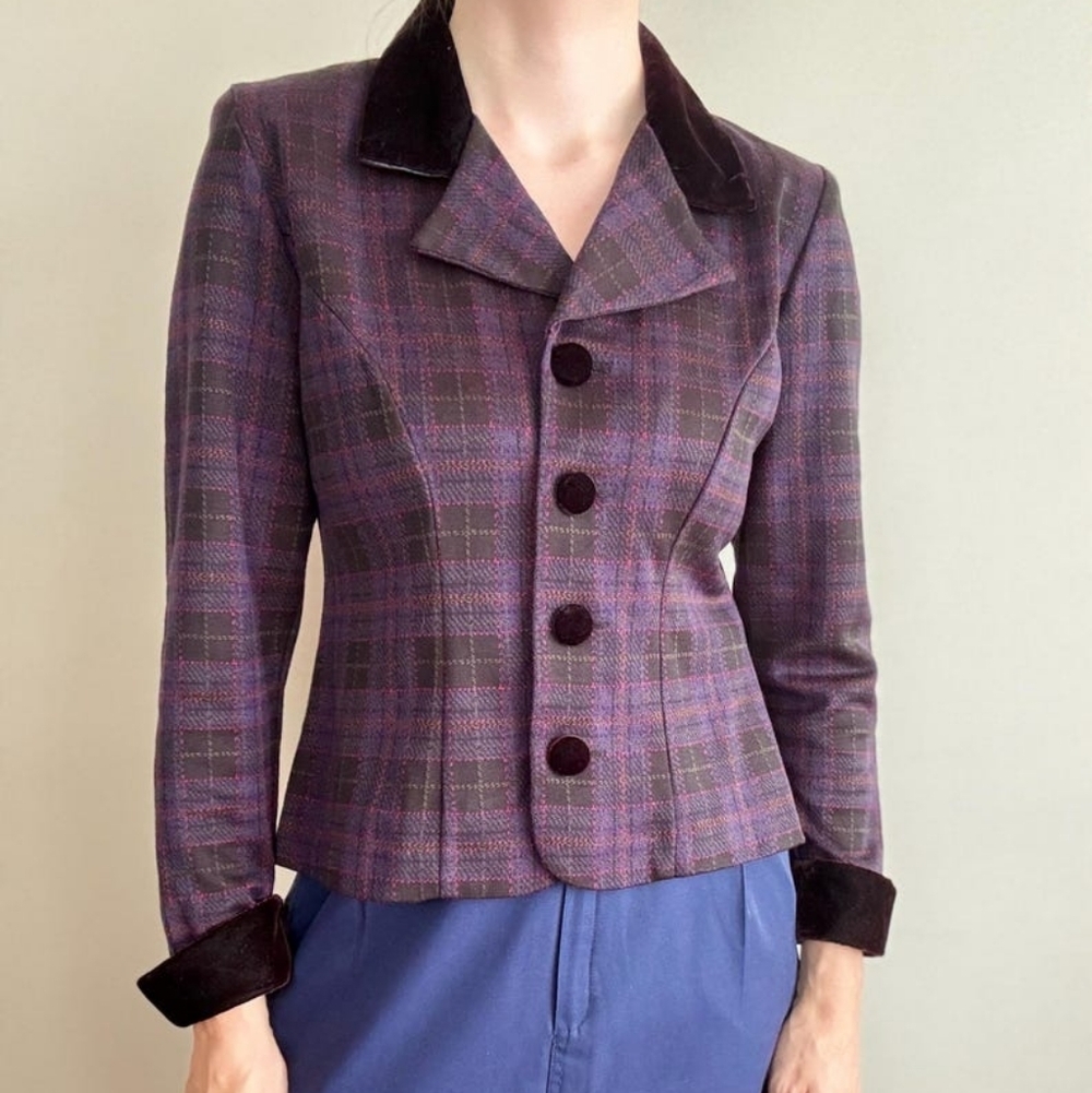 Vintage 90s Plaid Blazer with Velvet Trim